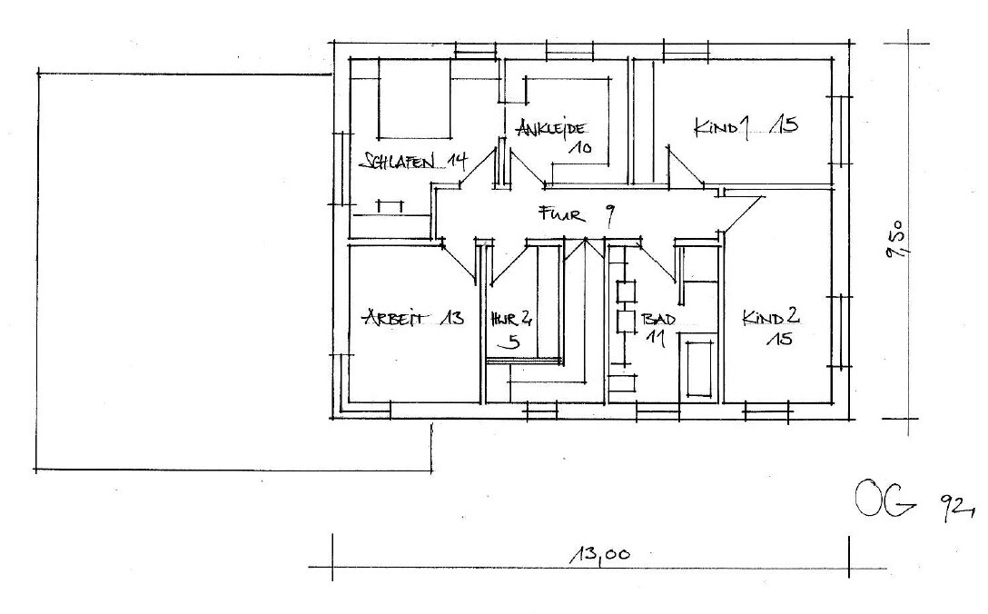Grundriss-Skizze eines Wohnhauses mit Schlafzimmer, Kinderzimmern, Bad und Flur