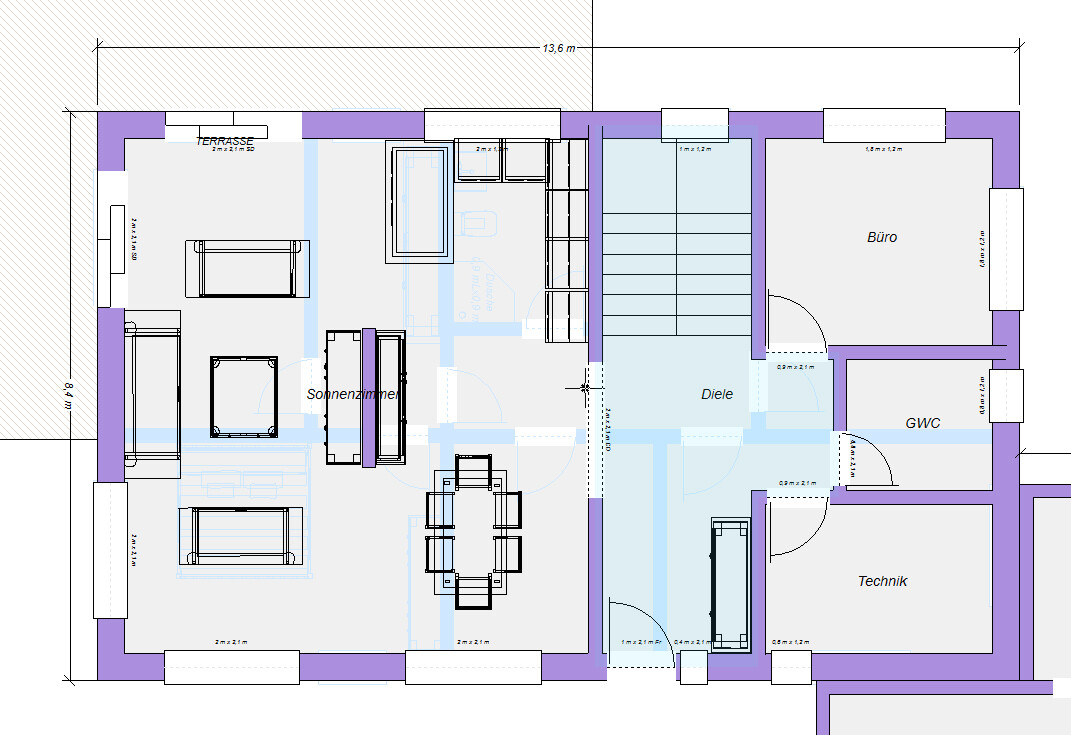Grundriss eines Wohn- und Arbeitsbereichs: Sonnenzimmer, Diele, Treppe, Büro, GWC, Technik, Terrasse.