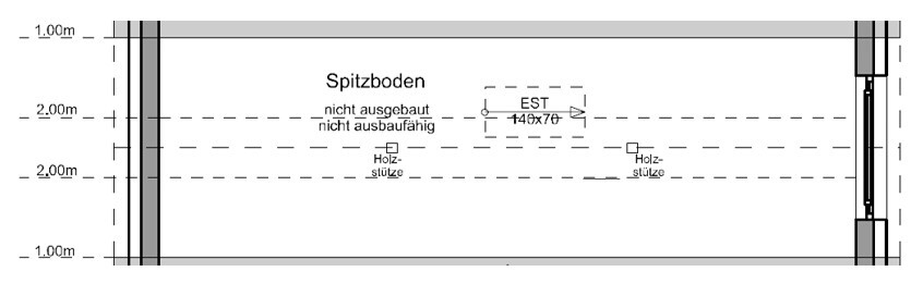 Grundriss eines nicht ausgebauten Spitzbodens mit Holzstützen und Tragsystem.