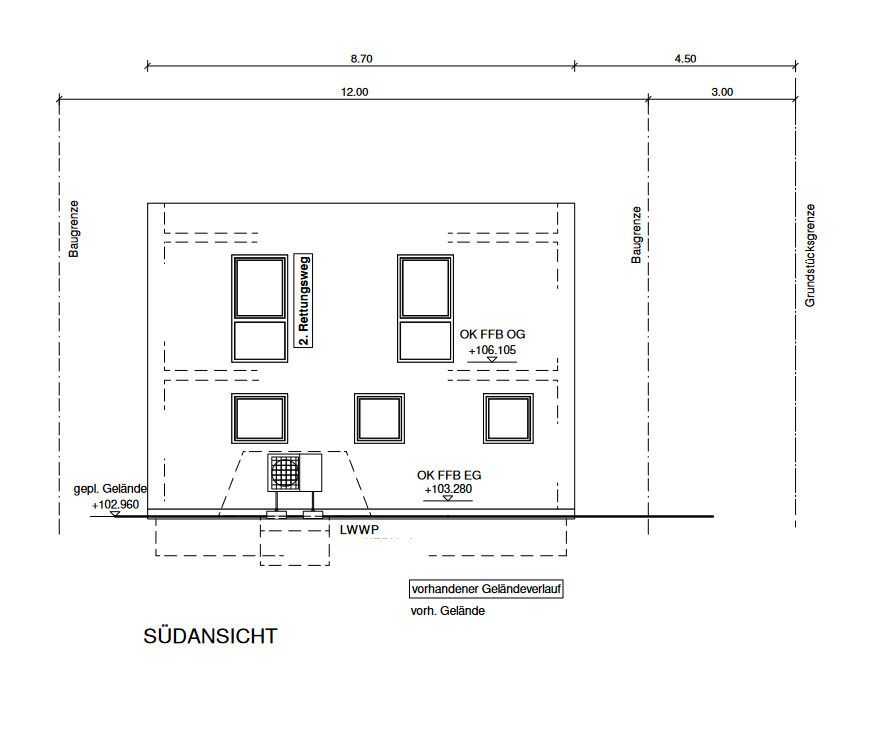 Südansicht eines Bauplans: Gebäude mit Fenstern, Geländekonturen und Baugrenze.