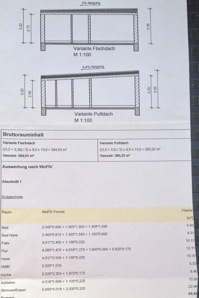 Zeichnung zeigt zwei Dachvarianten: Flachdach und Pultdach, Grundriss im Maßstab 1:100.