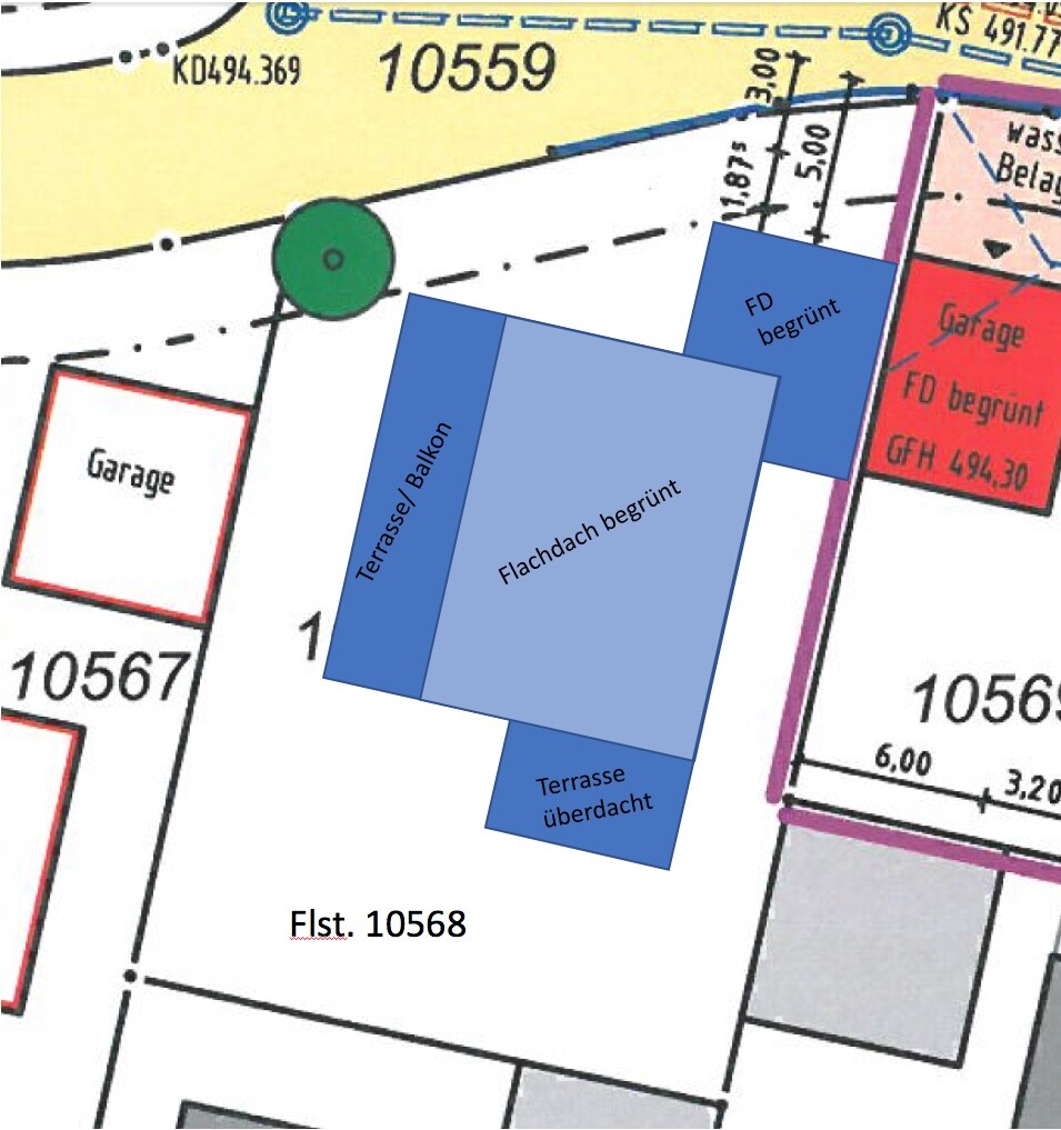 Lageplan eines Baugrundstücks mit Terrasse, Balkon, Flachdach und Garage.