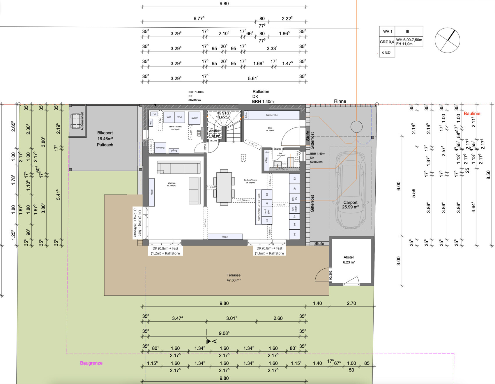 Grundriss eines Einfamilienhauses mit Terrasse, Carport, Abstellraum und Garten.
