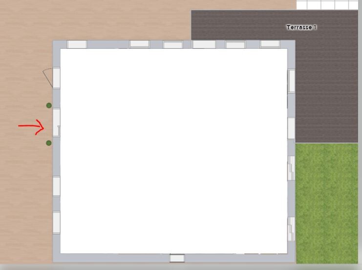 Großes quadratisches Gebäude im Lageplan mit Terrasse, Garten und seitlichem Eingang.