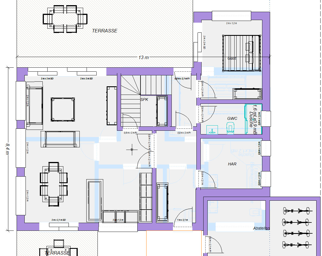 Grundriss eines Hauses: Terrasse, Wohnzimmer, Essbereich, Küche, Gästezimmer, GWC, HAR, Abstellraum.