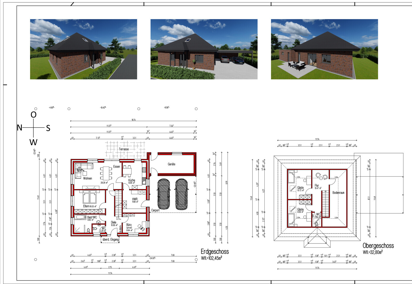 Architekturplan mit Grundrisszeichnungen und drei 3D-Hausansichten