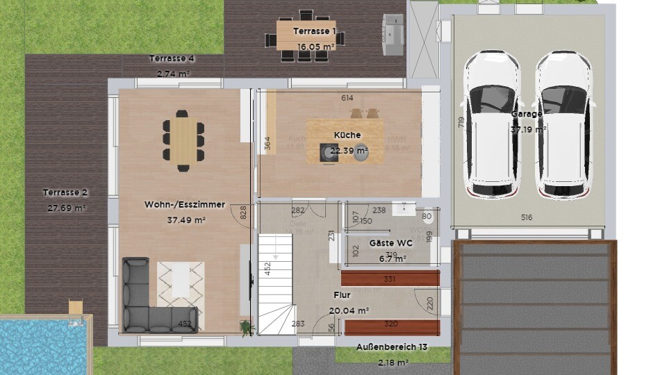 Grundriss eines Hauses: Wohnzimmer mit Esszimmer, Küche, Gäste WC, Flur, Garage und Terrasse.