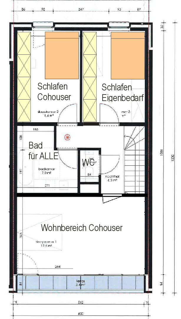 Grundriss: Zwei Schlafzimmer, Bad für Alle, WC, offener Wohnbereich, Treppe, Terrasse.