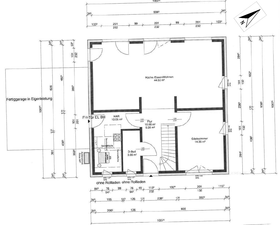 Grundriss eines Hauses mit Küche/Essen/Wohnen, Flur, D-Bad, Gästezimmer und Garage