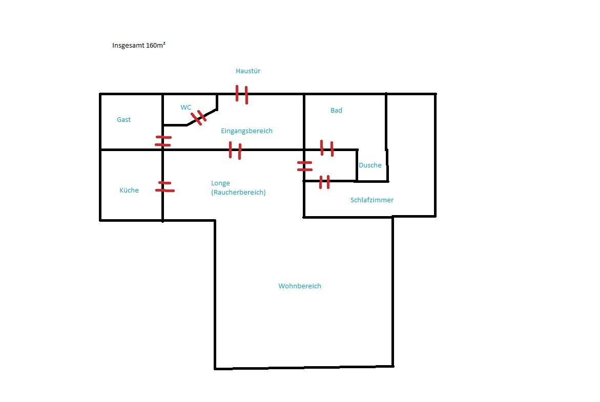 Grundrissplan eines Hauses mit Küche, Wohnzimmer, Bad, Dusche, Schlafzimmer und Eingangsbereich