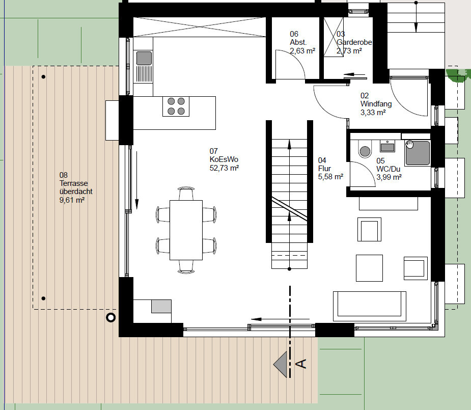 Grundriss eines Hauses: Terrasse, Wohn-Essbereich mit Küche, Flur, Windfang, Garderobe, WC/Du.