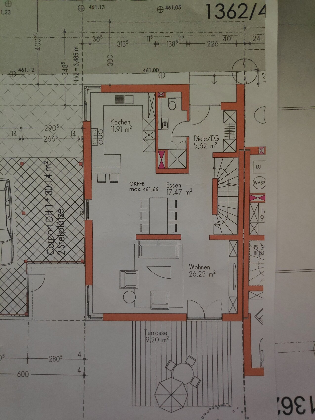 Grundriss einer Wohnung: Küche, Essen, Wohnen, Diele; Terrasse, Grundriss mit roten Wänden.