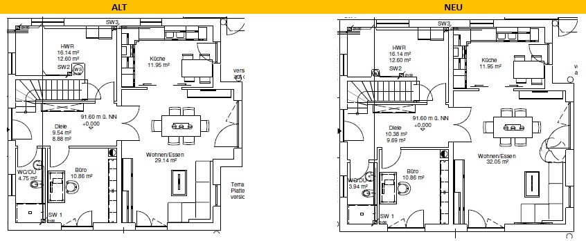 Zwei Hausgrundrisse (ALT/NEU) mit Küche, Wohnen/Essen, HWR, Büro, Diele, WC.
