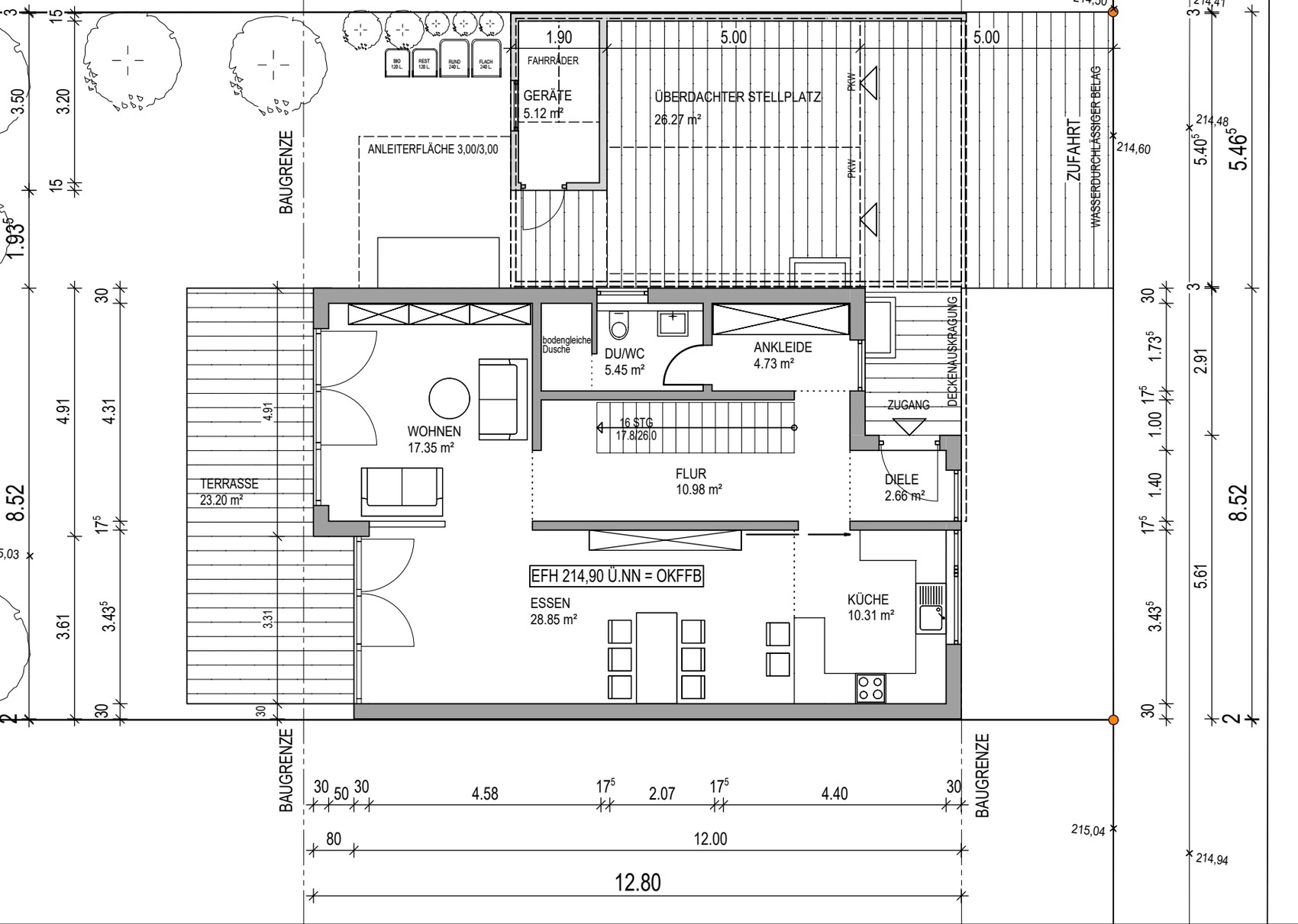 Grundriss eines Hauses mit Wohnzimmer, Essbereich, Küche, Flur, DU/WC, Ankleide, Terrasse.