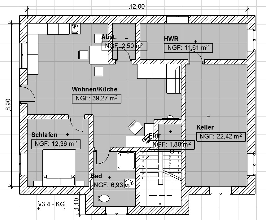 Grundrissplan eines Hauses mit Wohnbereich, Küche, Schlafzimmer, Bad und Keller.