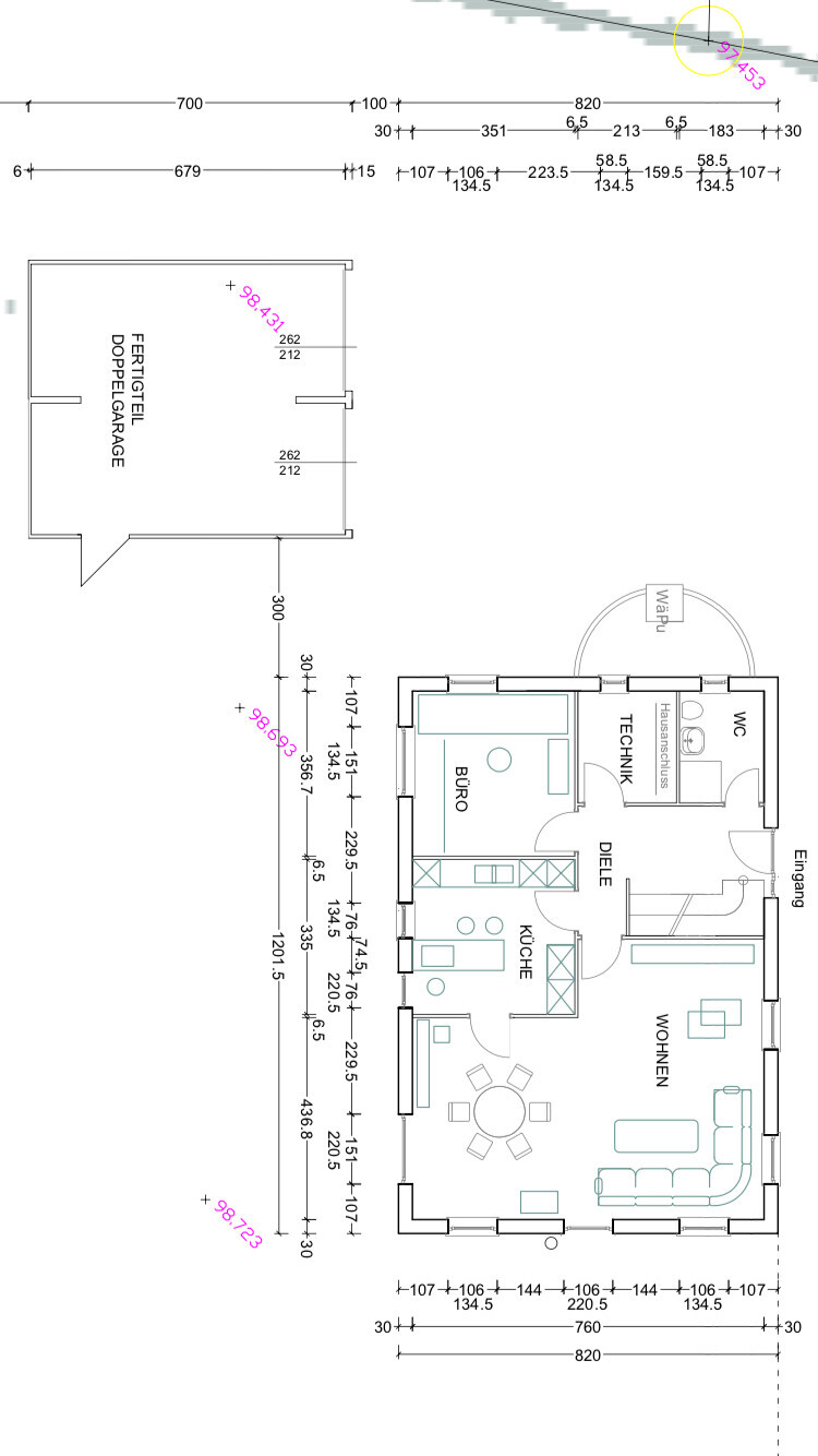 2D-Grundriss eines Hauses mit Wohnzimmer, Küche, Diele, Technik, WC und Garage