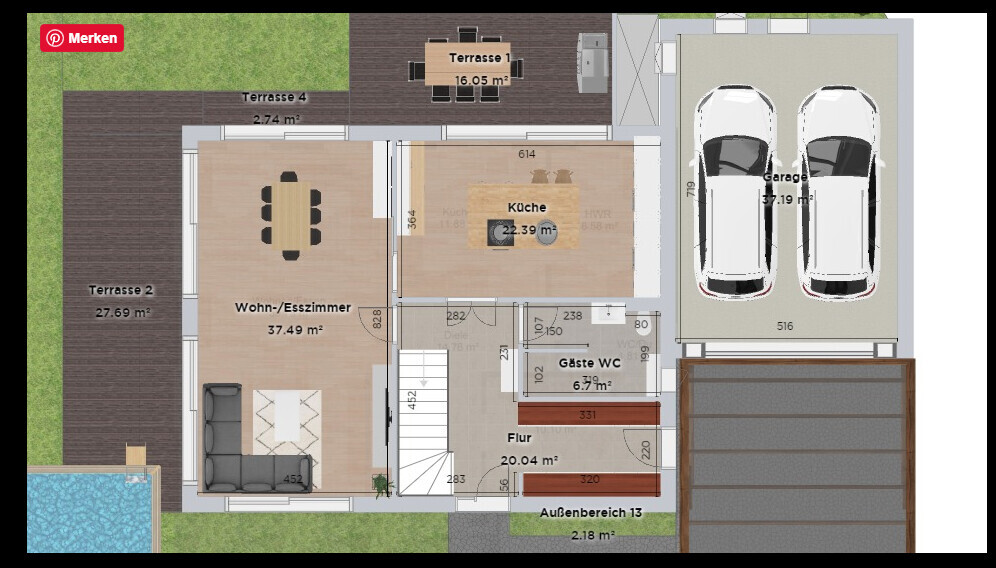 Draufsicht eines Hausgrundrisses: Wohn-/Esszimmer, Küche, Flur, Gäste-WC, Terrasse, Doppelgarage.