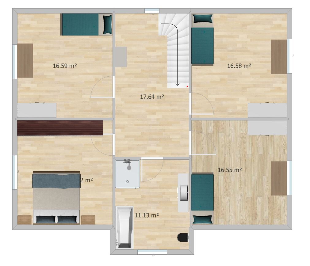 Grundriss eines Hauses von oben: zentrale Treppe, mehrere Zimmer, Bad und Möbel.