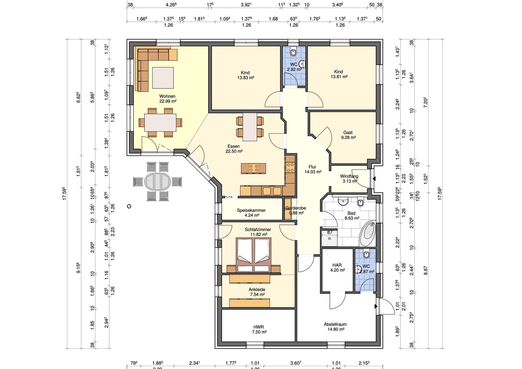 Grundriss eines Hauses: Wohnen, Essen, Küche, Schlafzimmer, Bad, Gäste- und Kinderzimmer.