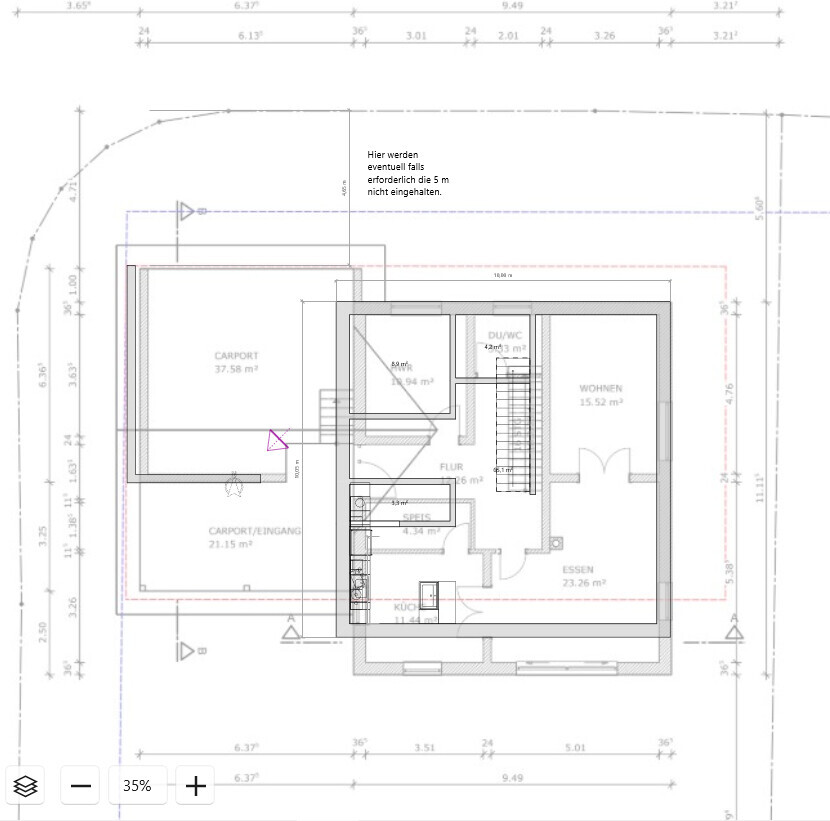 2D-Grundriss eines Wohnhauses mit Carport, Eingangsbereich, Wohnen und Essen