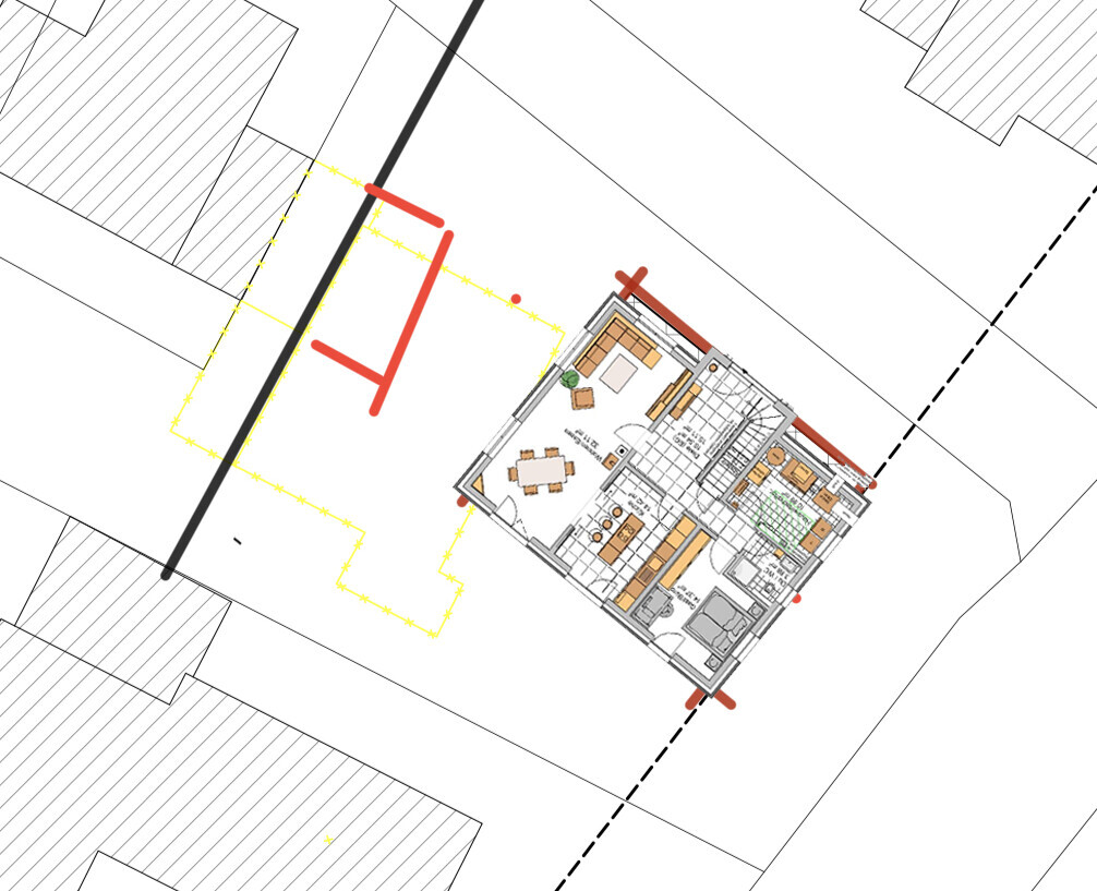 Top-down Grundrissplan eines Hauses mit Innenaufteilung und gelben Umrisslinien