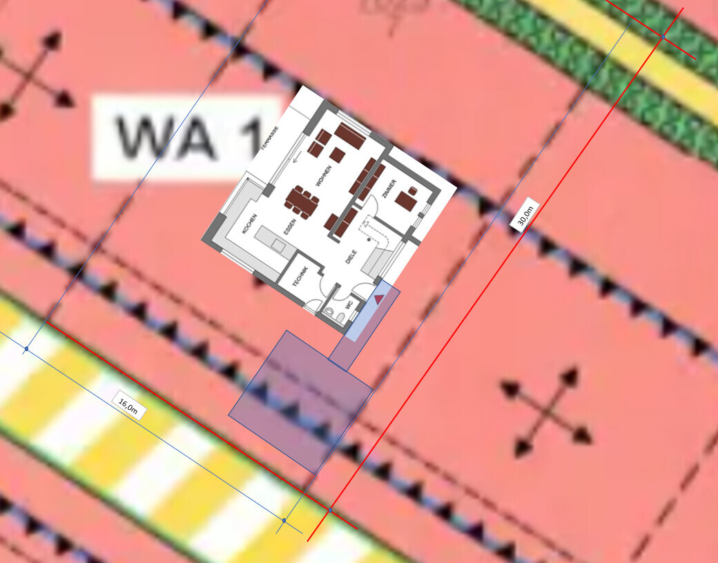 Kleiner Hausgrundriss auf einem farbigen Vermessungsplan mit roten Linien und Maßangaben.
