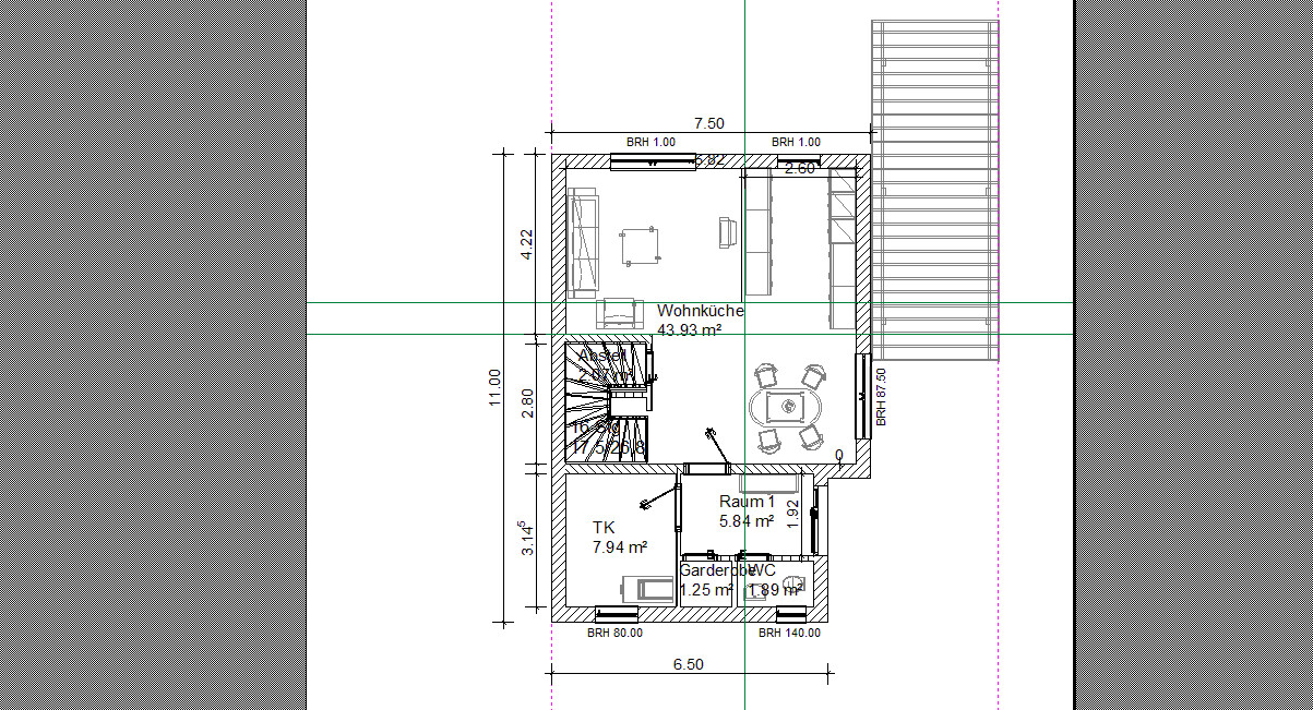 Grundriss eines Hauses: offene Wohnküche, Essbereich, Zimmer 1, Garderobe, Treppe, Terrasse.