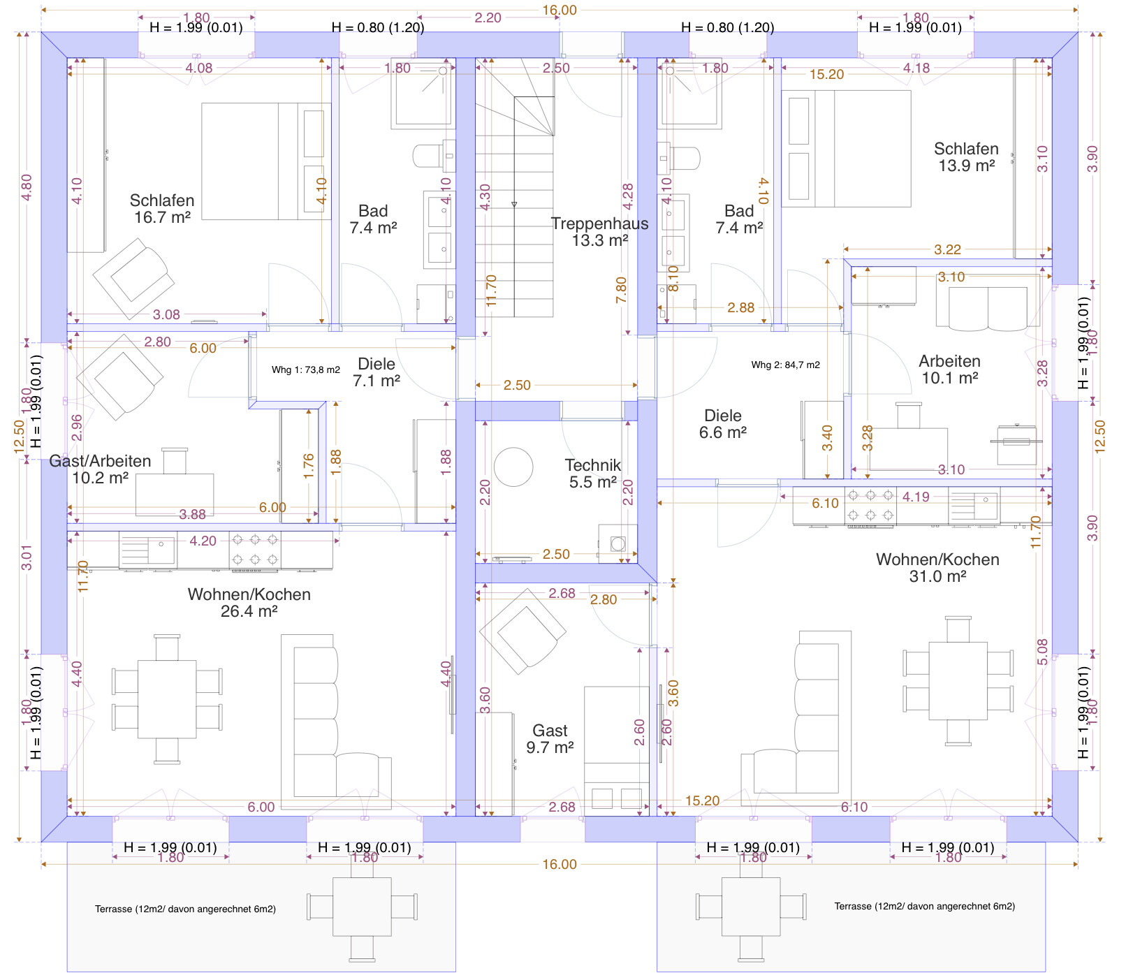 Grundriss einer Doppelhaushälfte mit zwei Wohneinheiten, Schlafzimmer, Bad, Küche, Terrasse.