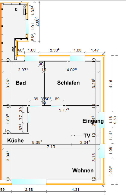 Grundriss eines Apartments mit Bad, Küche, Schlafen, Wohnen, Eingang, TV.