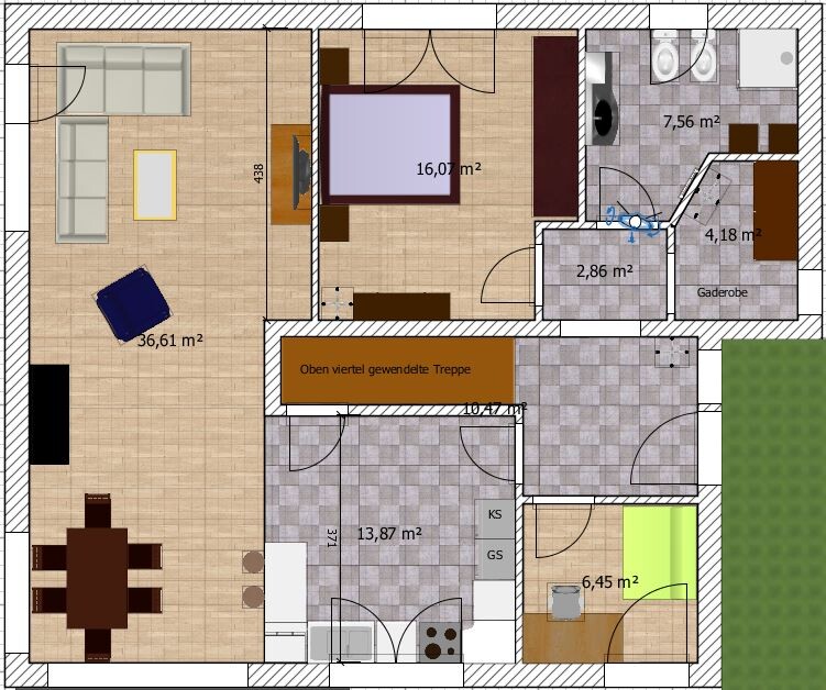 Grundriss: großes Wohnzimmer links, Küche unten, Schlafzimmer Mitte, Bad rechts, Flur, Garten.