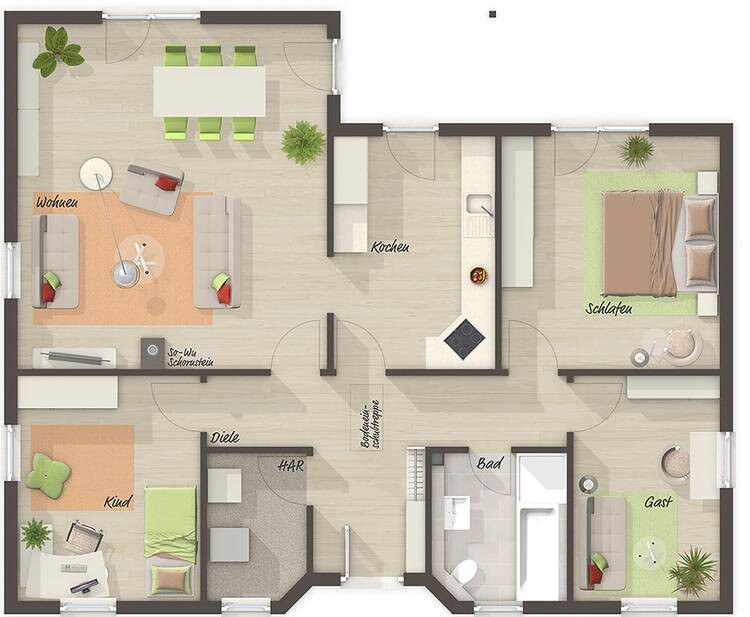 Grundriss einer Wohnung: Wohnzimmer, Küche, Bad, Diele, Schlafzimmer, Kinder- und Gästezimmer.