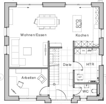 2D-Grundrissplan eines Einfamilienhauses mit Wohnen, Essen, Kochen und Diele