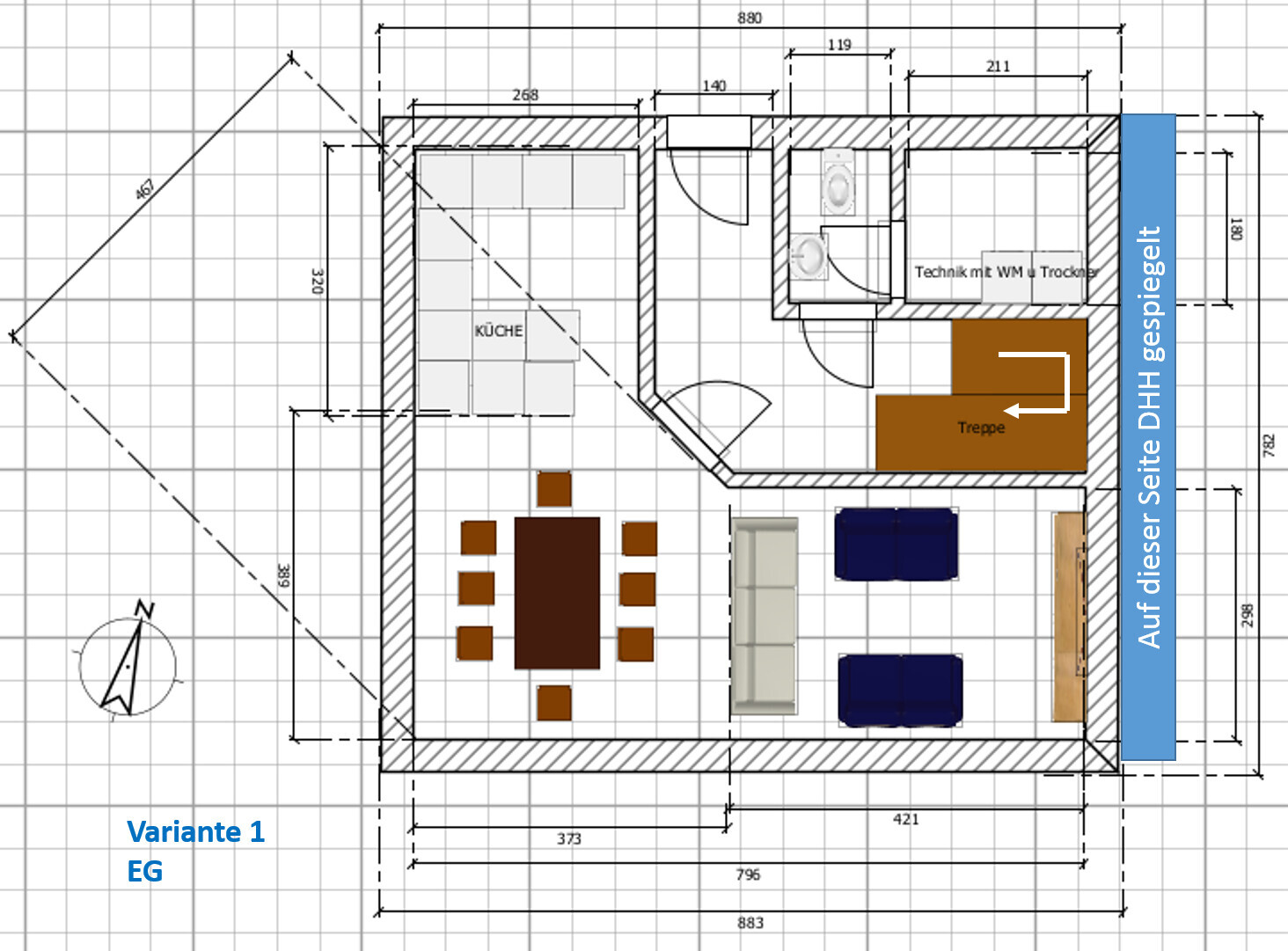 Grundriss EG: Küche links, Essbereich, Wohnzimmer, Flur, Treppe, Bad, Technikraum.