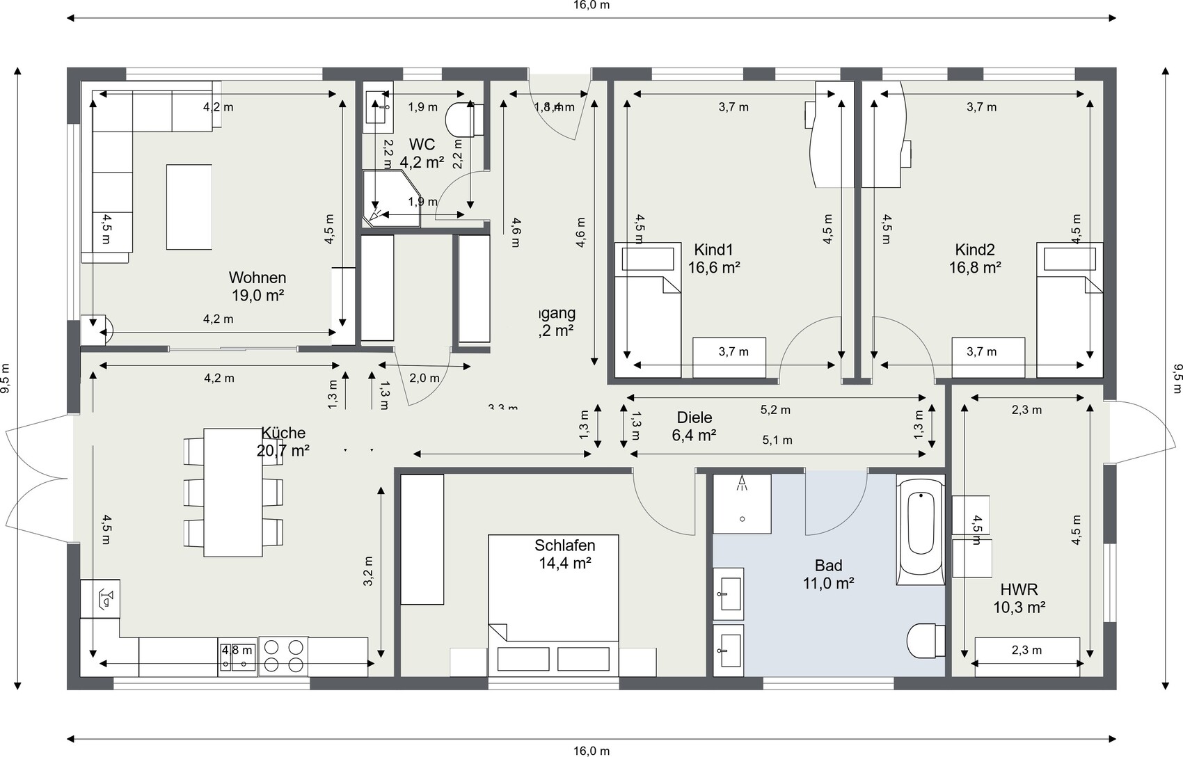 Grundriss eines Hauses: Küche, Wohn-/Essbereich, Schlafen, Bad, Diele, HWR, WC, zwei Kinderzimmer.