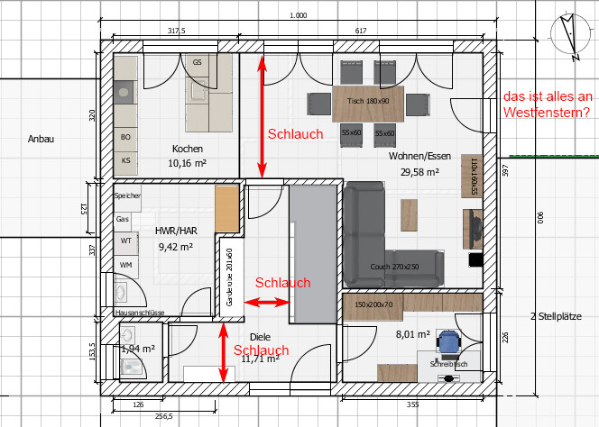 Grundriss eines Hauses mit Küche, Wohnen/Essen, Diele, HWR; rote Schlauch-Pfeile markiert