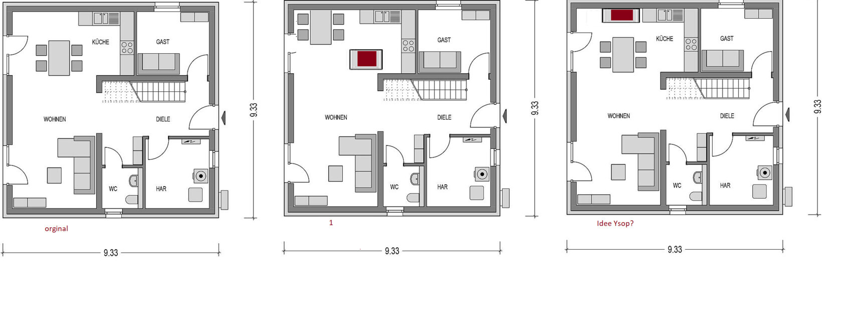 Drei Grundrissentwürfe eines Wohnhauses mit Küche, Wohnen, Diele, Gast, HAR und WC.
