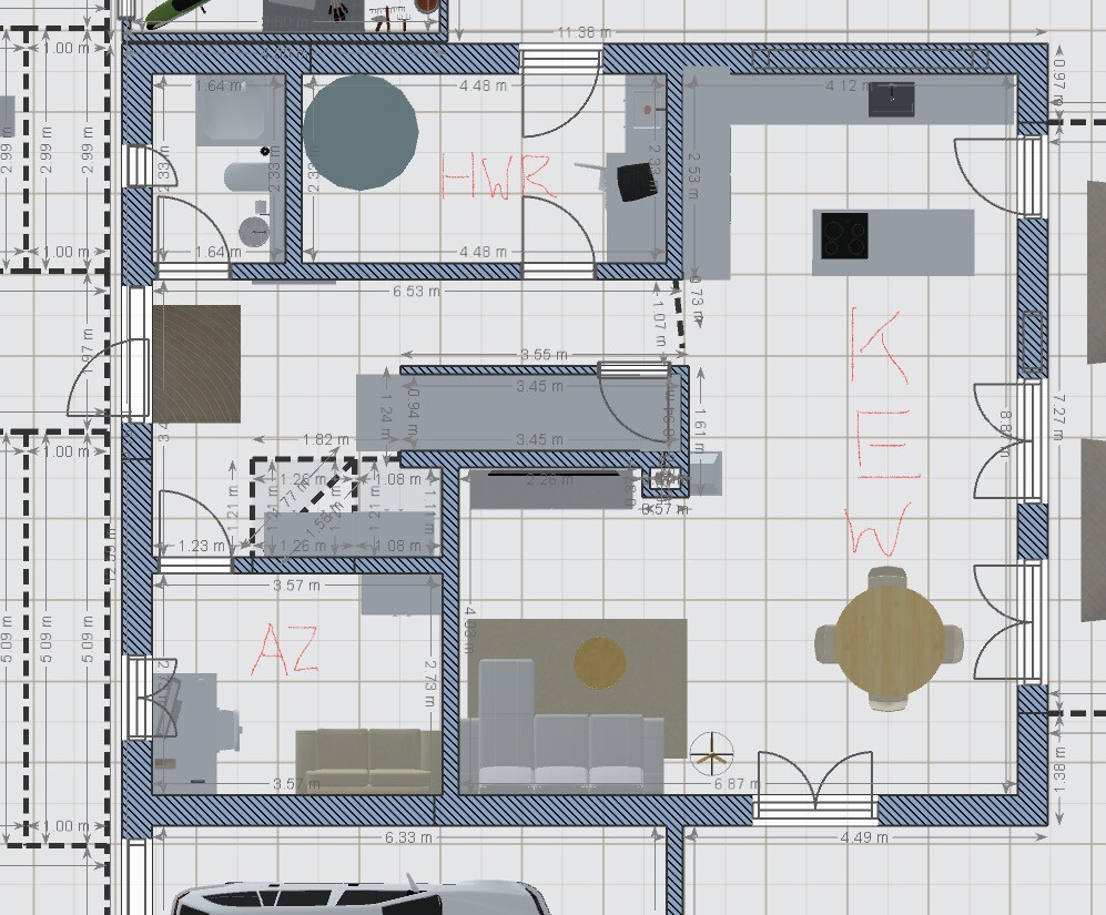 Grundriss eines Hauses mit Küche inklusive Insel, Essbereich und Wohnzimmer sowie zwei Schlafzimmer.