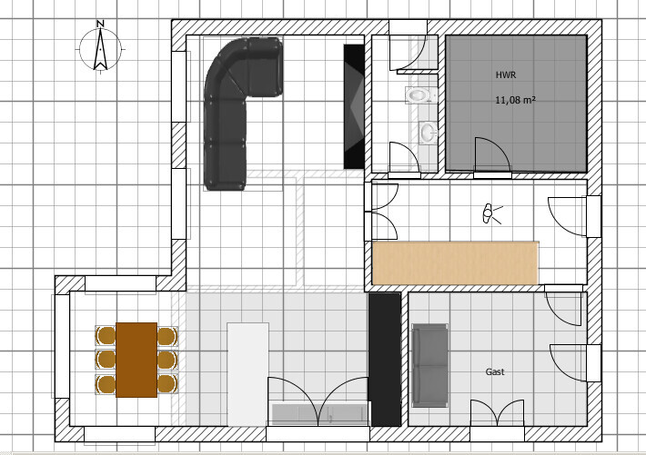 2D-Grundrissplan eines Hauses mit offener Küche, Essbereich, Wohnzimmer und weiteren Räumen