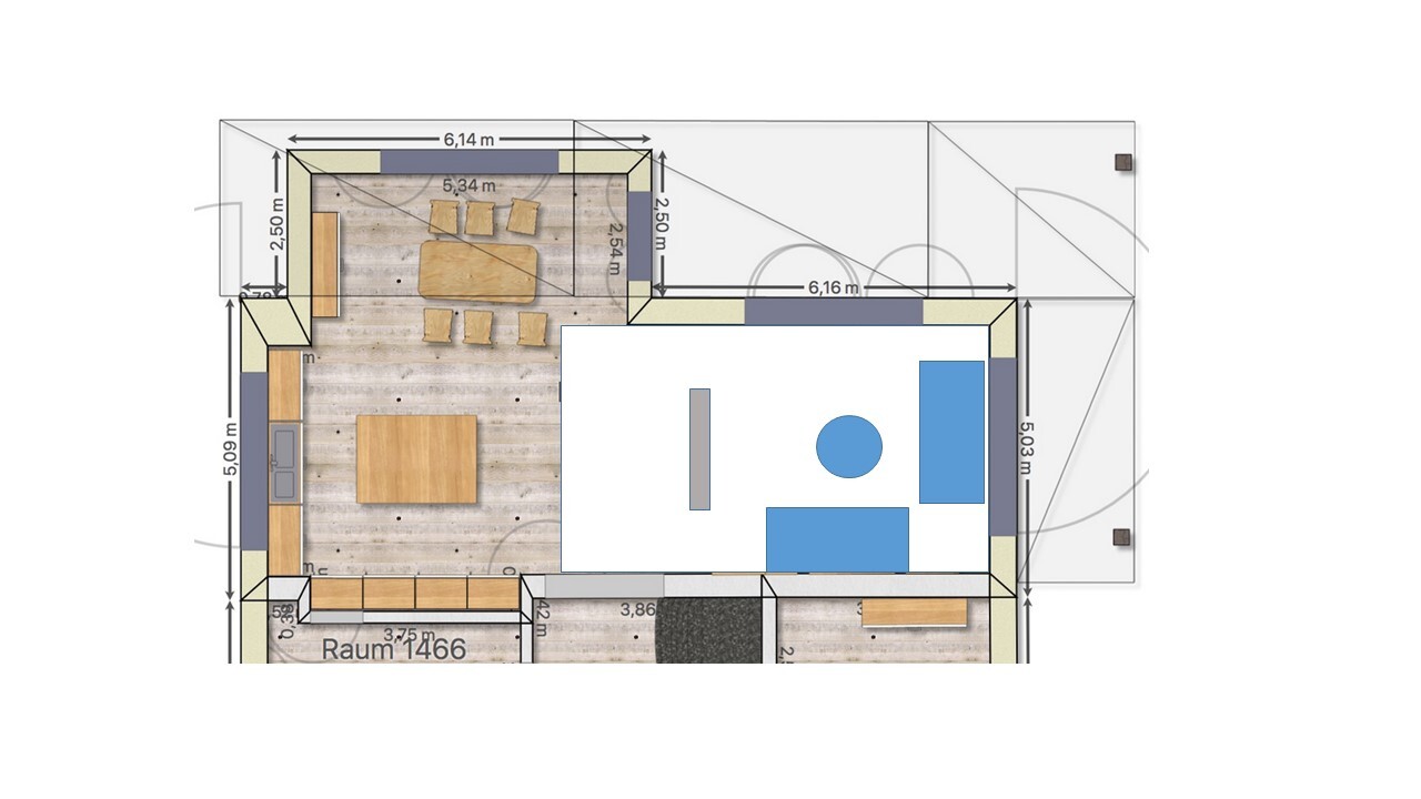 Grundriss eines Apartments: Offener Wohnbereich (Küche links, Esstisch) und Schlafbereich rechts.