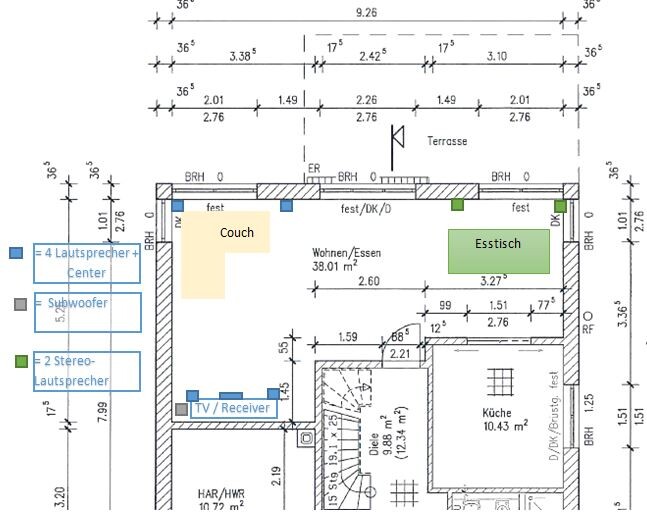 2D Grundrissplan eines Wohnbereichs mit Küche, Esstisch und Sofa