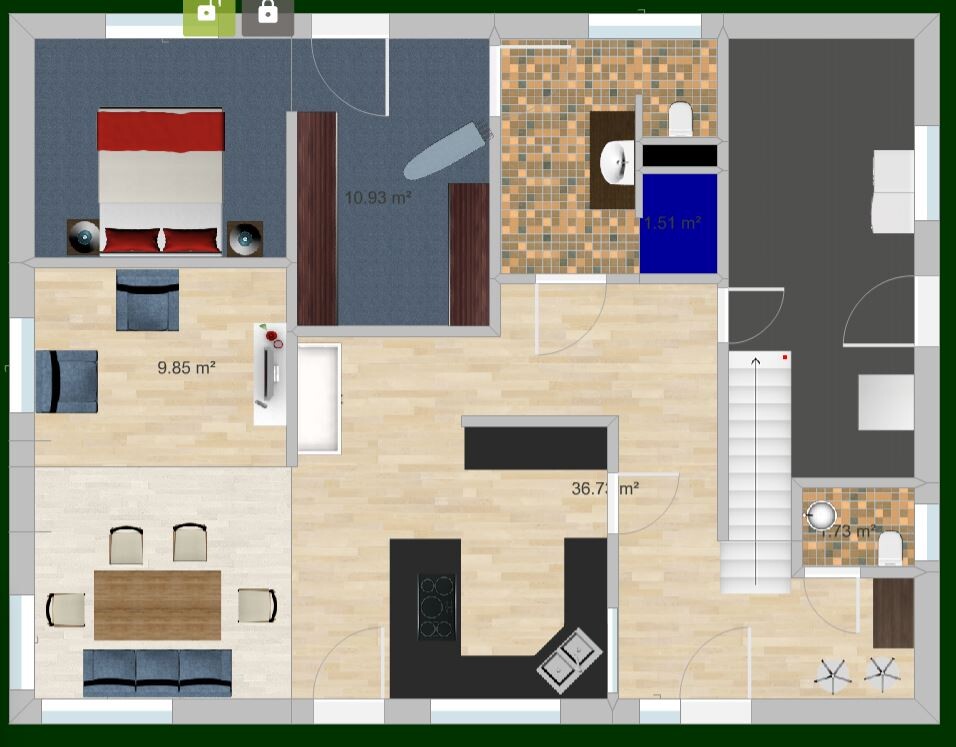 Grundriss eines Hauses: Wohnzimmer, Küche, Essbereich, Schlafzimmer, Bad, Flur, Treppenaufgang.