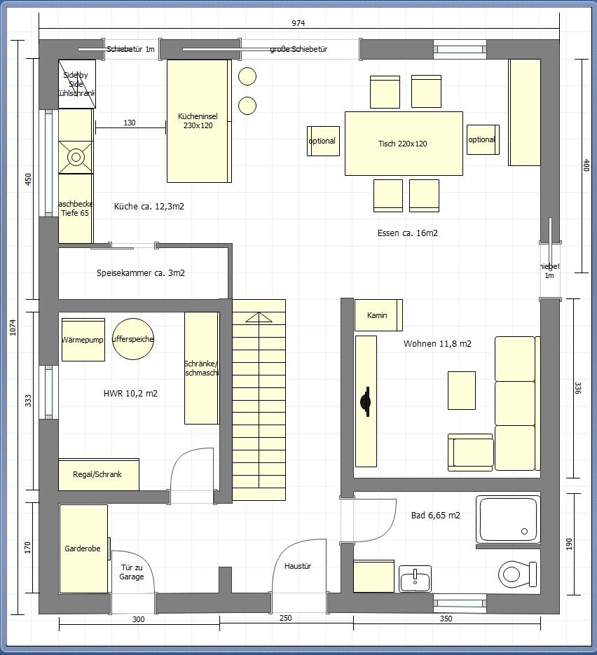 2D-Hausgrundriss mit Küche, Essbereich, Wohnzimmer, Bad und Treppe