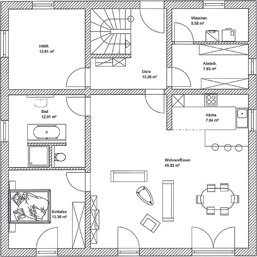 Grundrissplan eines Hauses mit Wohnzimmer, Küche, Schlafzimmer, Bad, Diele und HWR