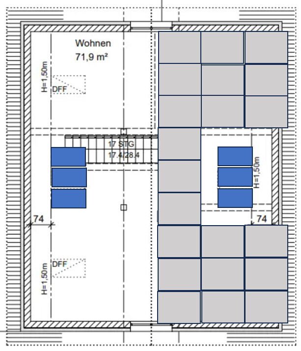 Grundriss eines Hauses mit Wohnzimmer 71,9 m², Treppen und Sitzgruppen