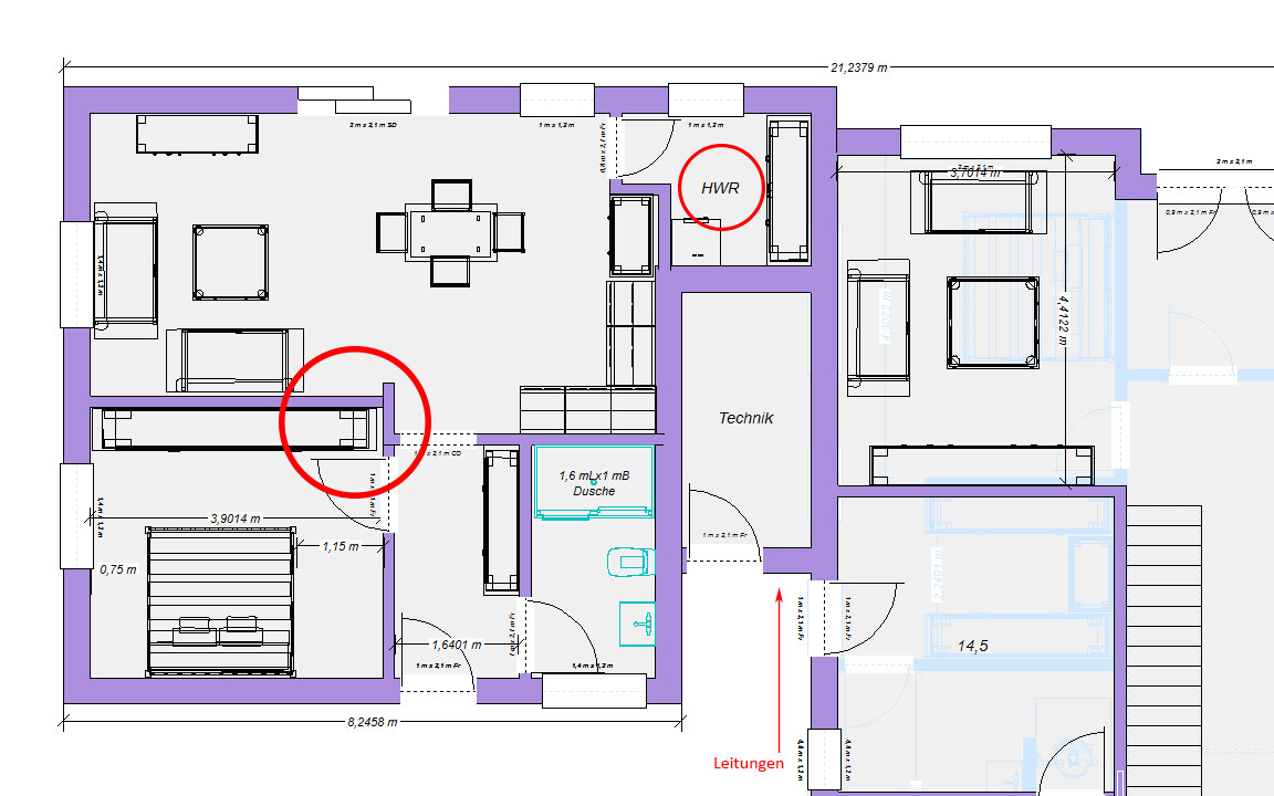 2D-Grundriss eines Hauses mit Wohnbereich, Schlafzimmer, Küche, Bad, Technik und HWR