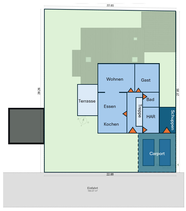 Grundriss eines Hauses mit Terrasse, Wohnbereich, Küche und Essbereich, Bad, Treppe und Carport.