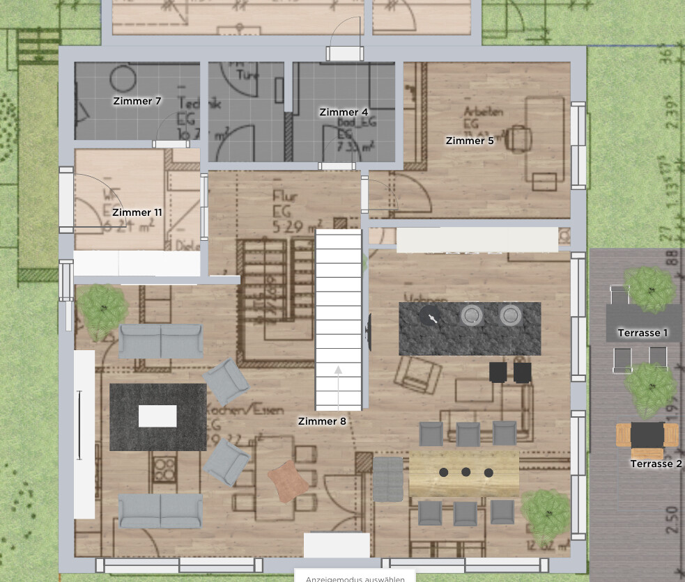 Grundriss eines Hauses: Zimmer 4–8, 5, 7, 11; Wohnzimmer, Küche, Essbereich, Terrasse.