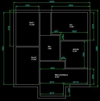2D-Haus-Grundriss mit Raumaufteilung, Maßlinien und Beschriftungen
