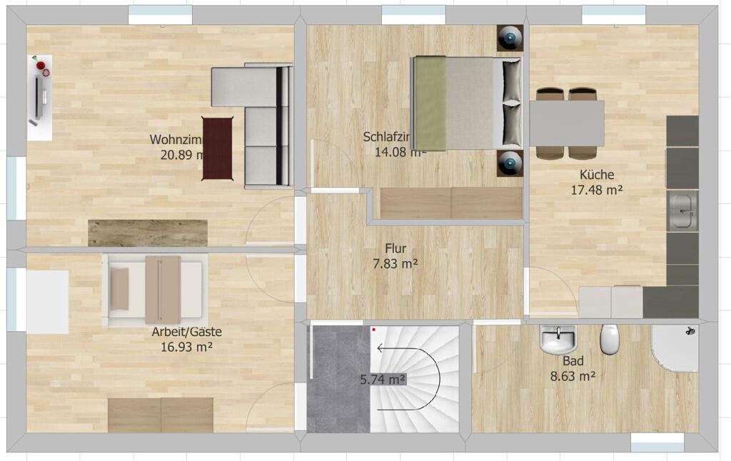 Grundriss einer Wohnung: Wohnzimmer, Schlafzimmer, Küche, Bad, Flur, Arbeitszimmer und Treppe.
