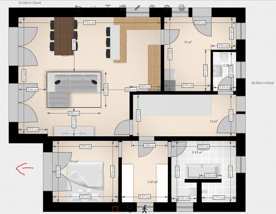 Grundriss einer Wohnung mit Wohnzimmer, Küche, Flur, Schlafzimmern und Bad; Maßangaben sichtbar.